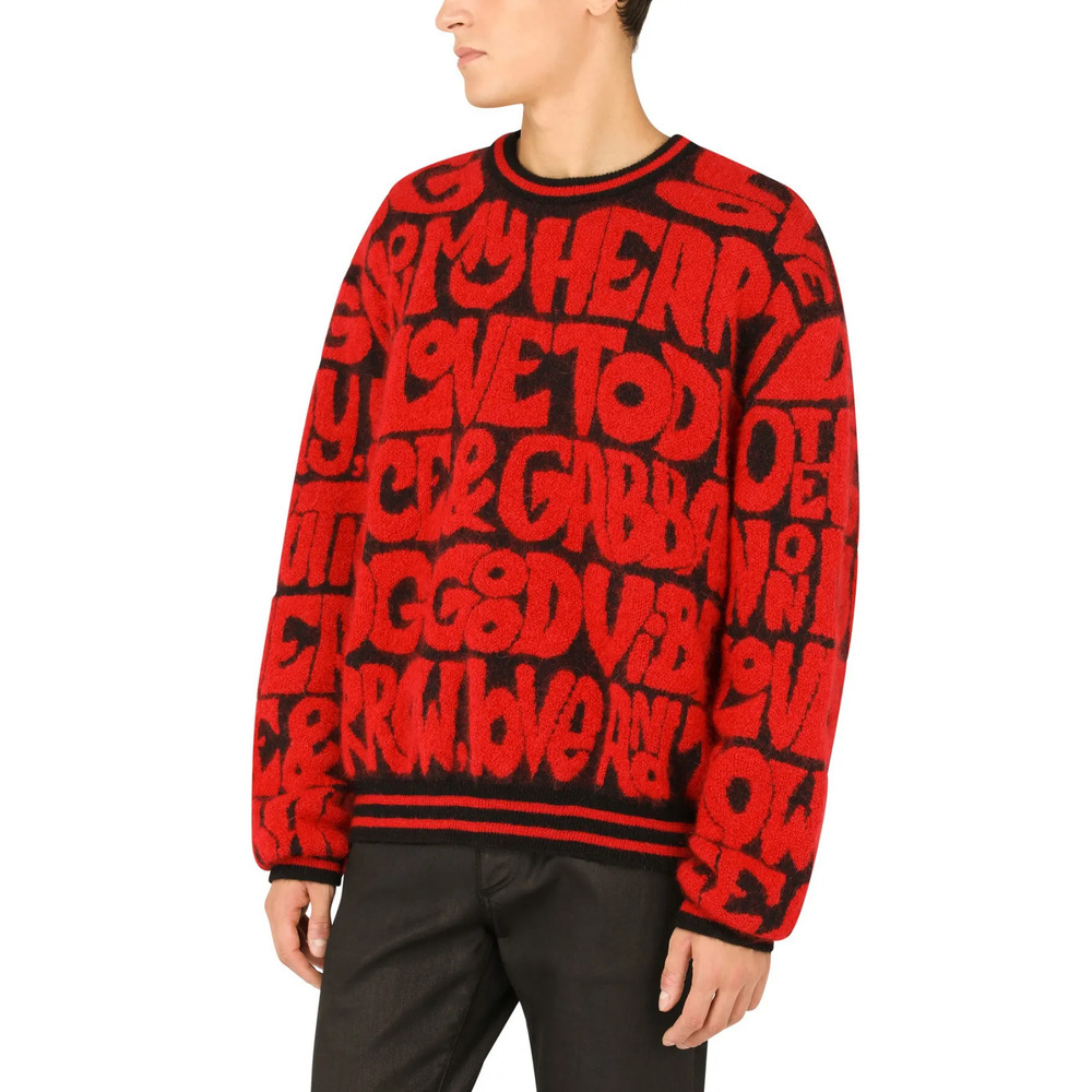 Dolce & Gabbana Red Round-Neck Jacquard Lettering Sweater (Size M) RRP $1,795